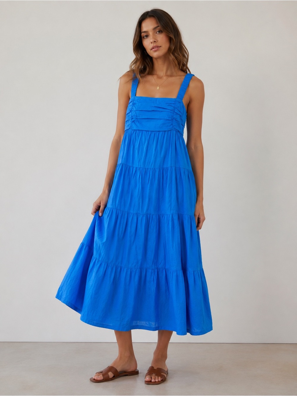 Magari Italy Bright Blue Tiered Maxi Dress with Square Neck sz medium
